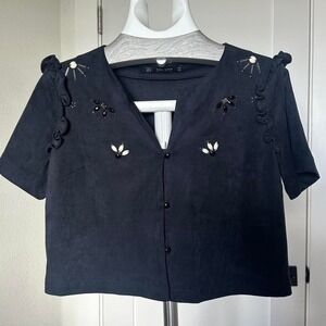 Zara Blue Faux Suede Top with Ruffles and Beaded Details
